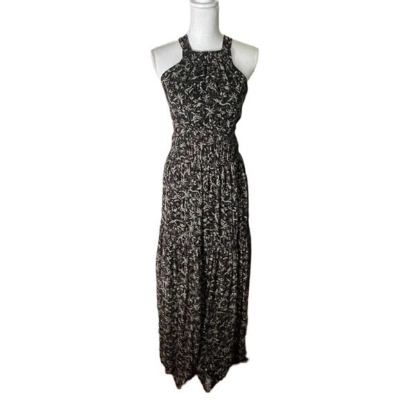 Magali Pascal Augustine Maxi Dress Size Small Black Floral Lurex Halter Tiered - Picture 2 of 12